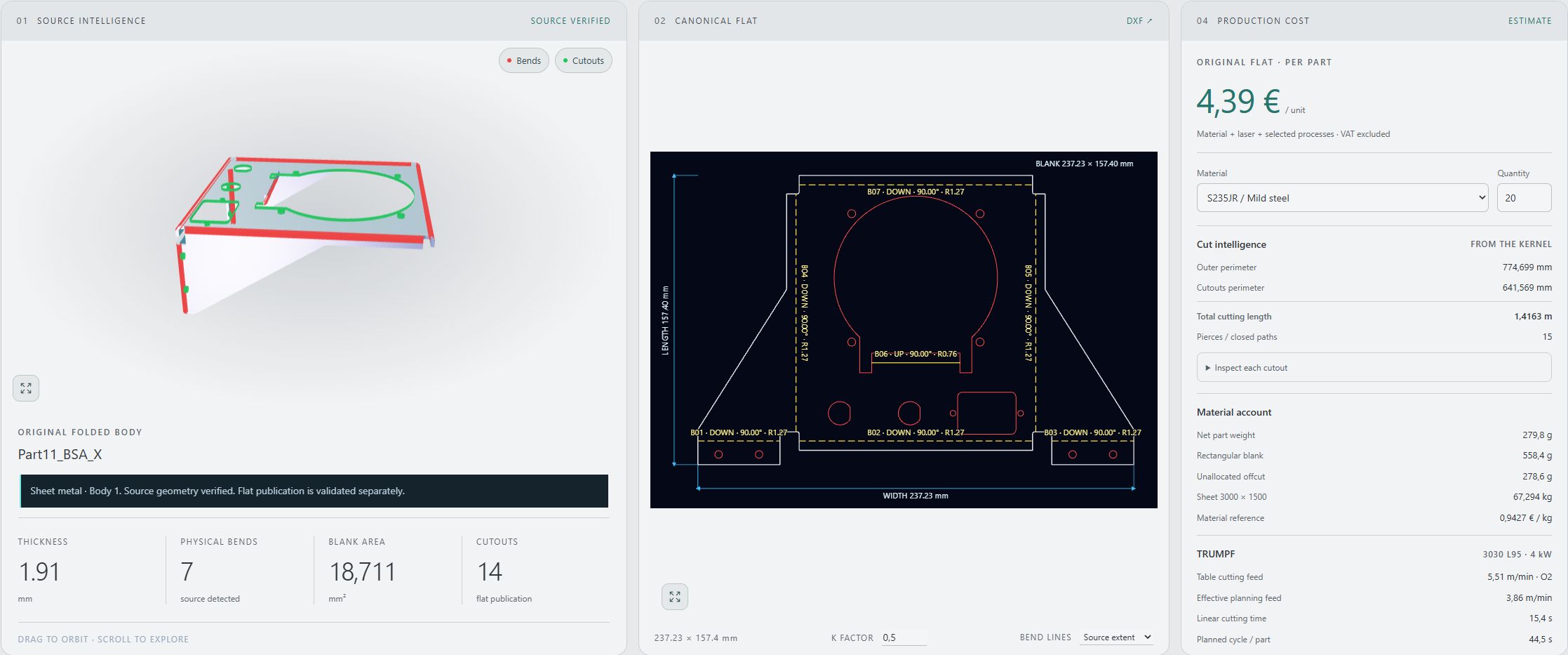 Actual STAGE Studio screenshot showing the folded STEP body, verified flat pattern and production cost estimate.