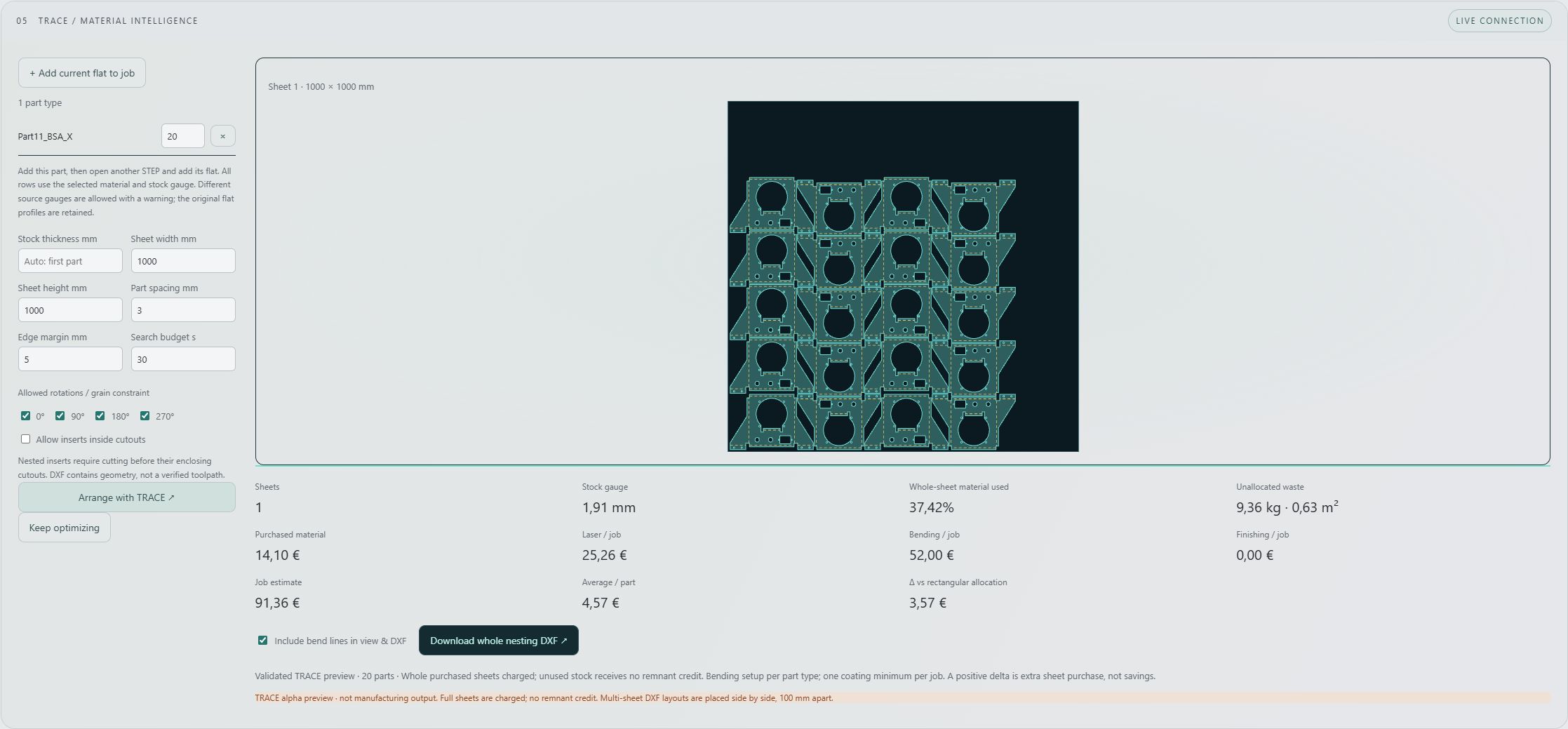 Actual TRACE preview showing twenty parts on a 1000 by 1000 mm sheet and the corresponding material, cutting and bending cost account.