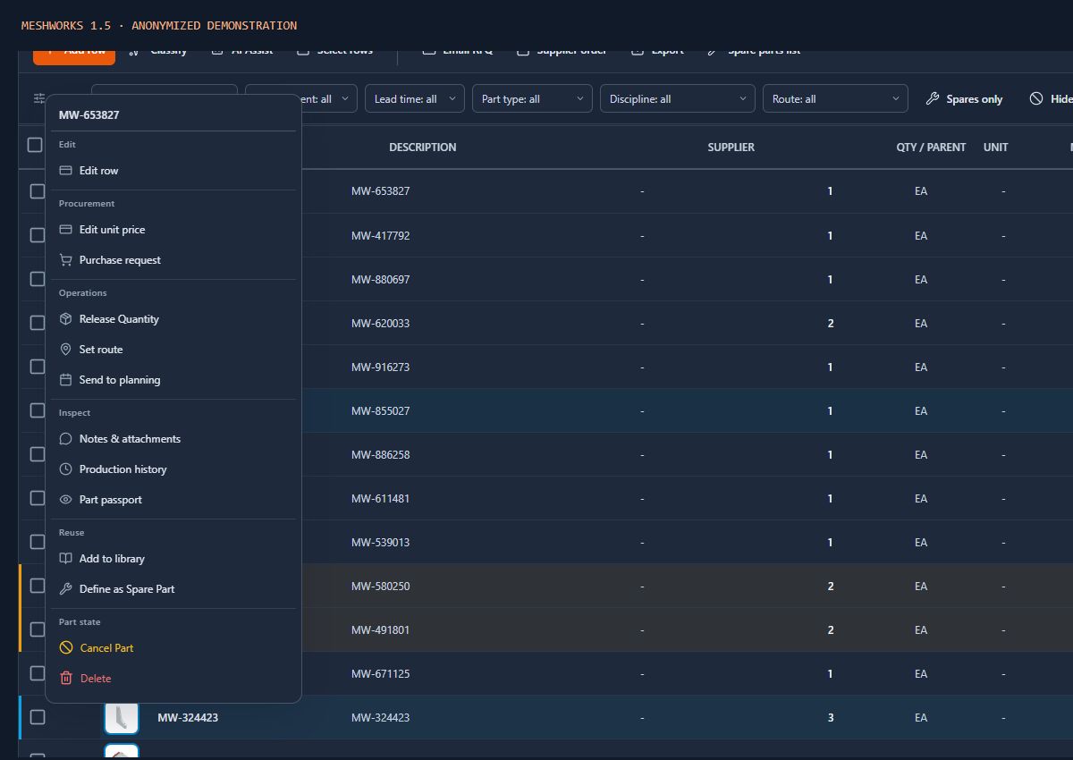 Grouped BOM context menu with fictional part numbers