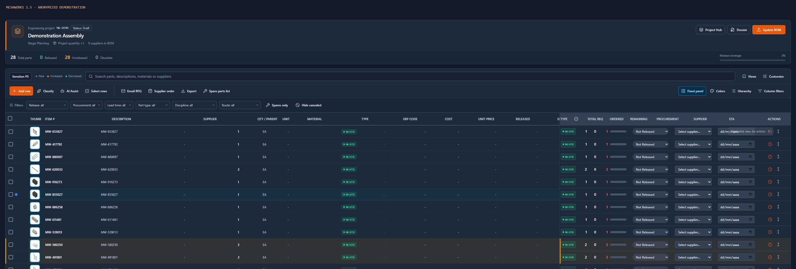 MeshWorks 1.5 BOM workspace with randomized demonstration part identifiers