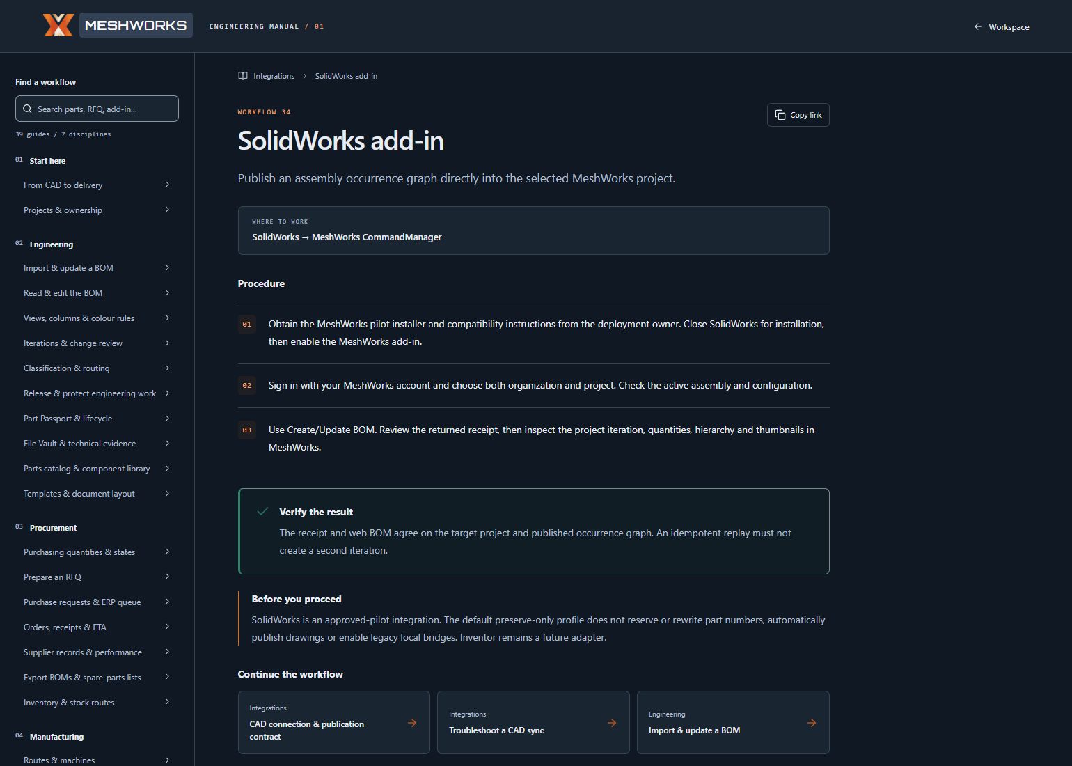 Engineering manual showing the SolidWorks workflow and verification steps